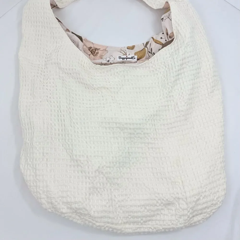 Baggagean and Co. Pink Floral Cream Waffle Knit Soft Reversible Fabric Hobo Bag